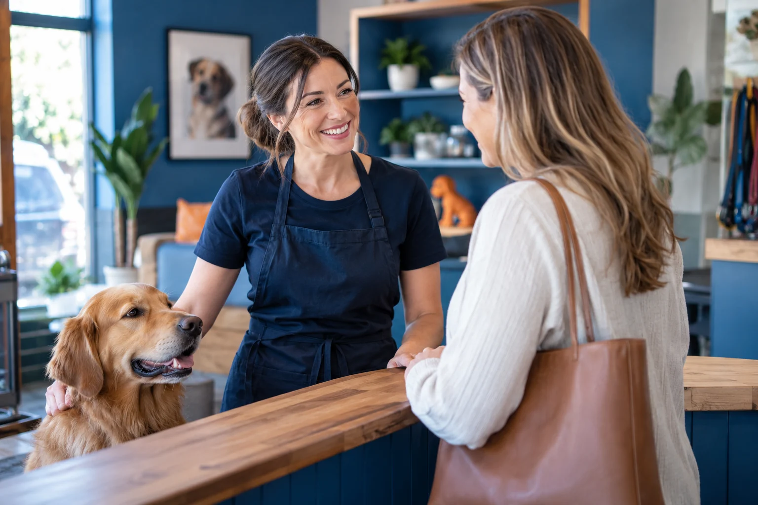 A business owner warmly welcoming a customer and her dog at a pet-care reception